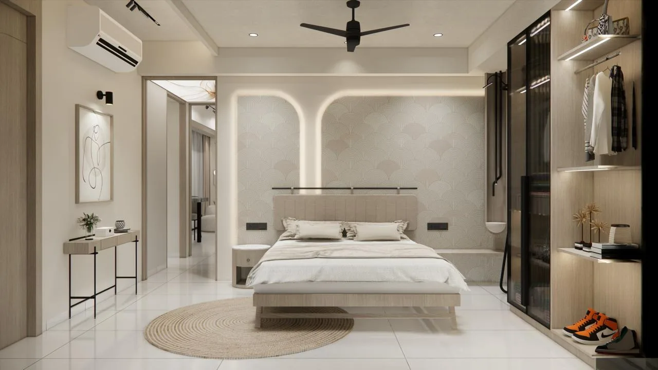 Bedroom with scalloped feature wall and cove lit arches by SMA Architect
