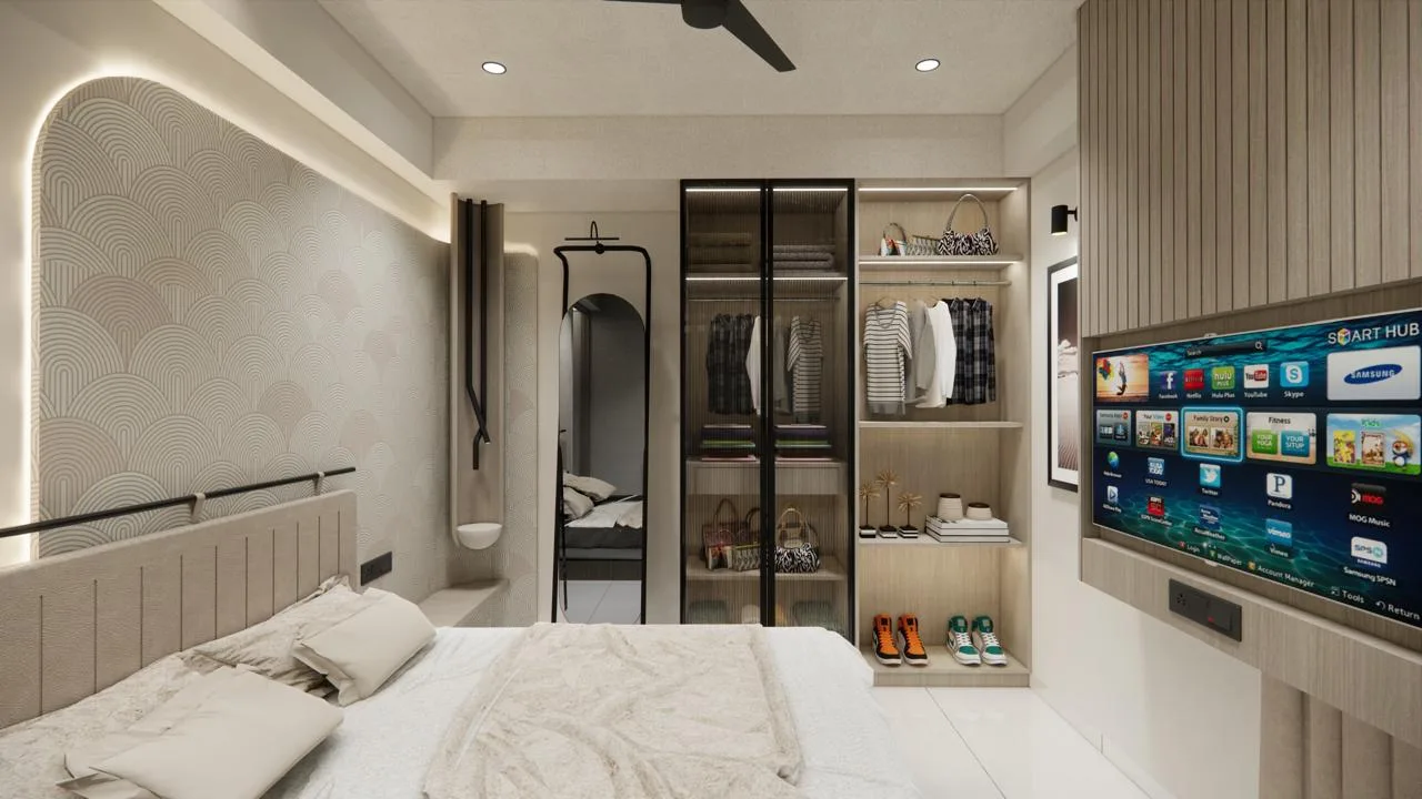 Bedroom with glass fronted wardrobe and floor mirror by SMA Architect