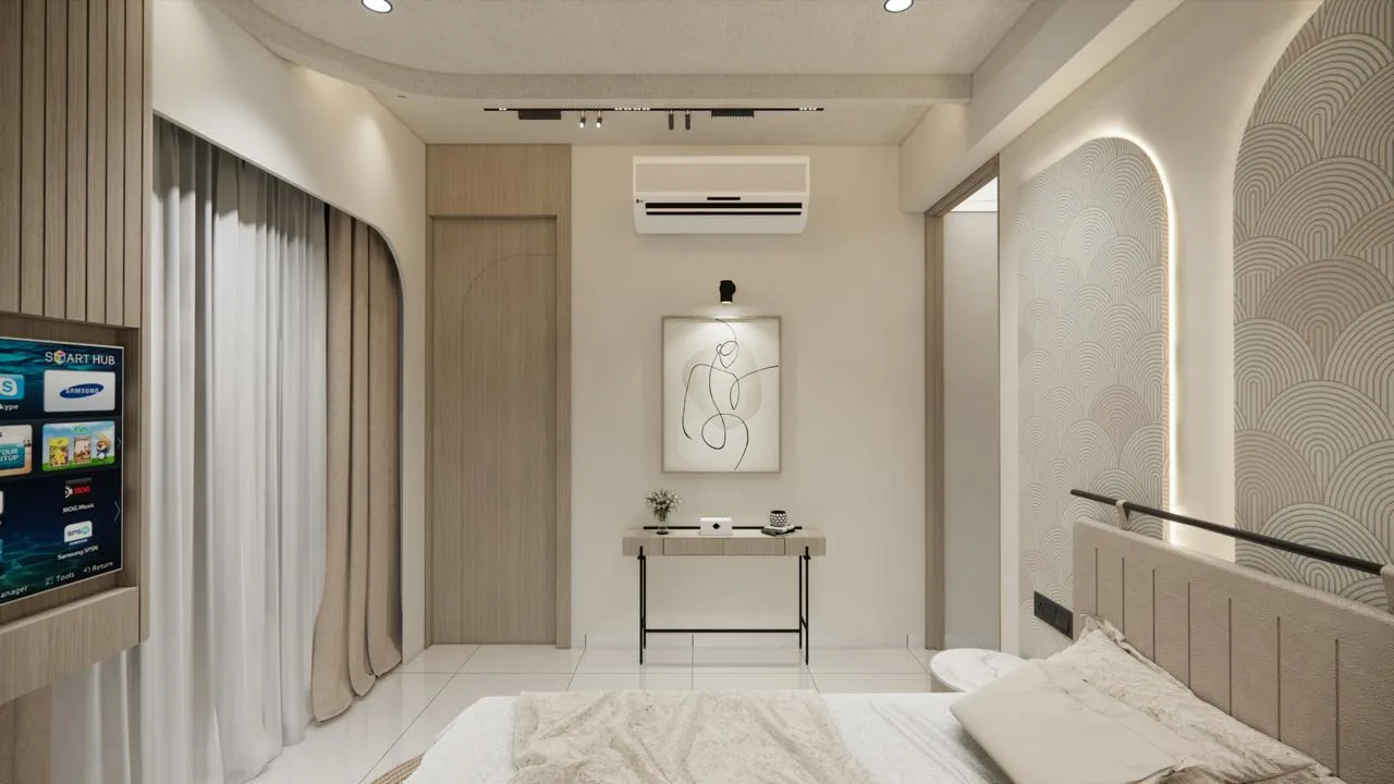 Bedroom with slim study console and line art by SMA Architect