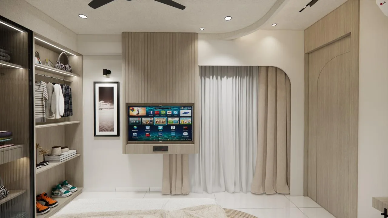 Bedroom with fluted television panel and arched door detail by SMA Architect
