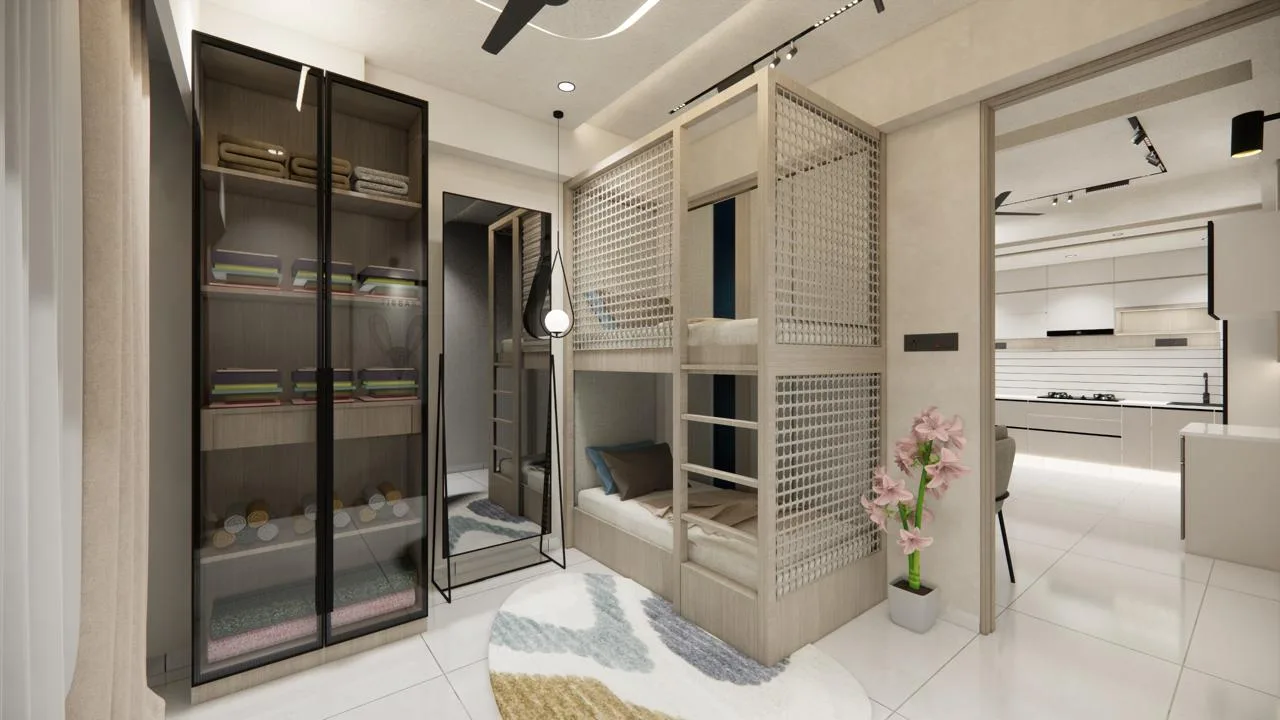 Children room with bunk bed and display wardrobe by SMA Architect