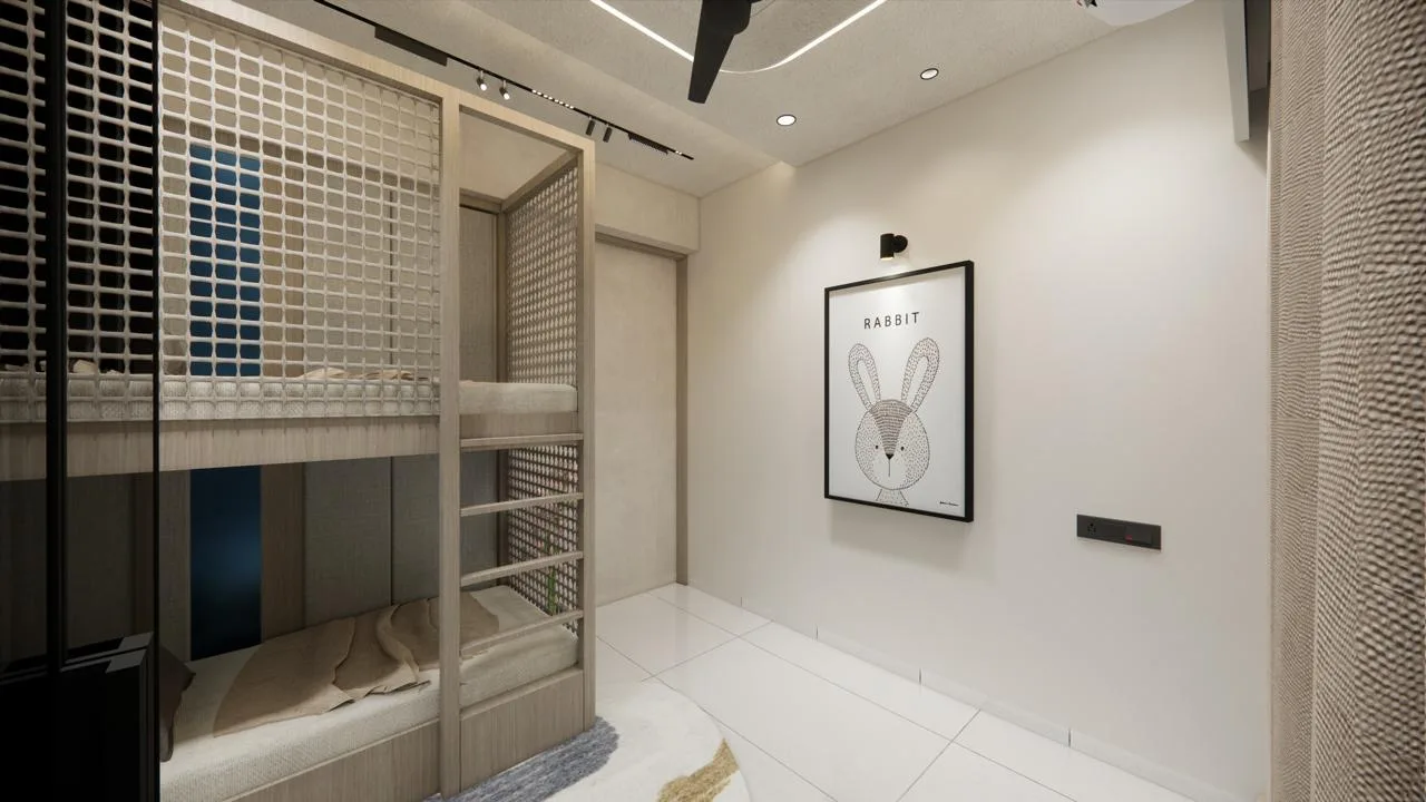 Built in bunk bed with mesh safety screens and ladder by SMA Architect